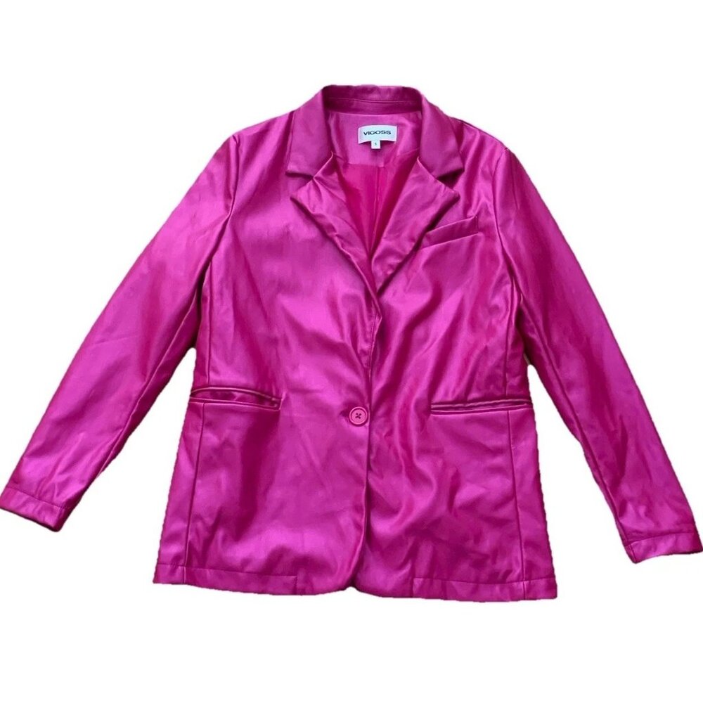 VIGOSS Hot Pink Faux Leather Shimmery Blazer Size Small Single Button Barbie